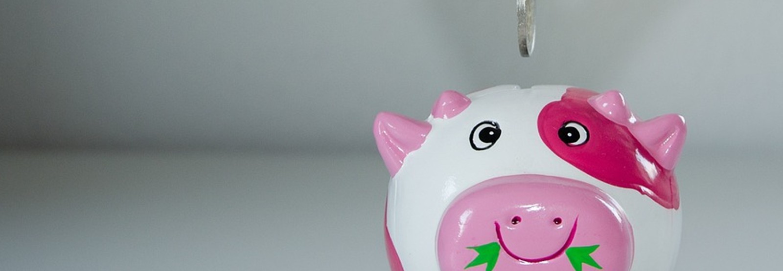 pink cow piggy bank that is smiling when someone puts money in him